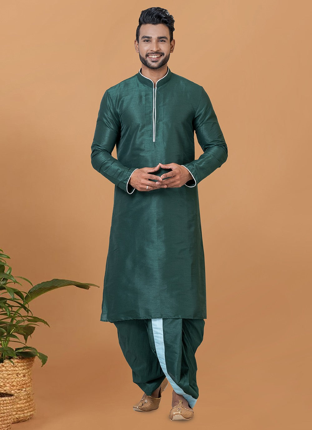 Plain Banarasi Silk Green Dhoti Kurta - M5943