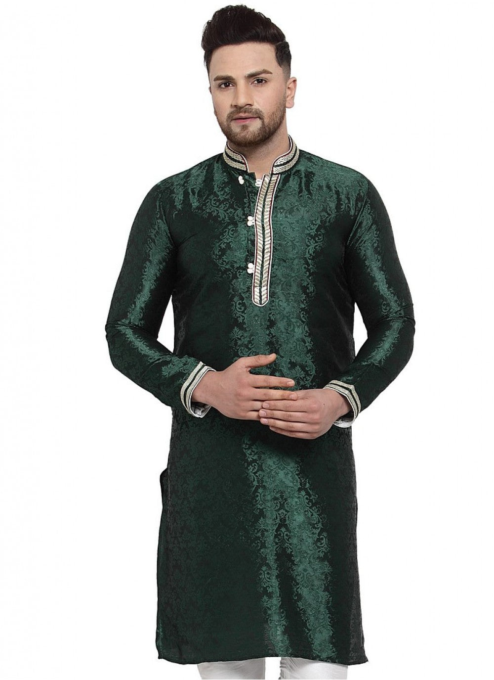 Embroidered Banarasi Silk Green Kurta - M1610