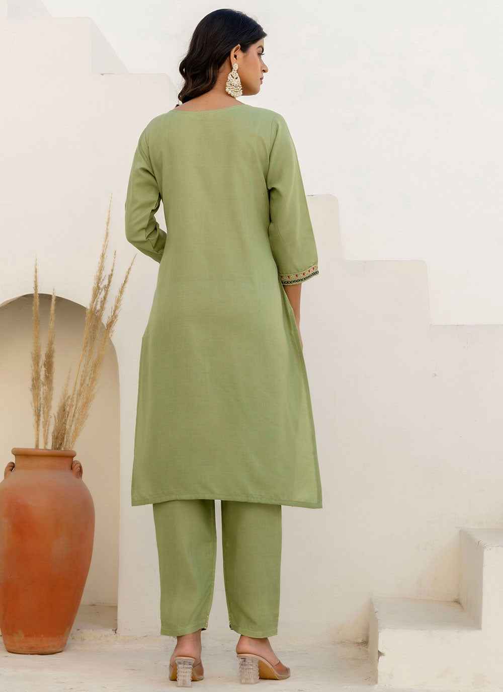 Pant Style Suit Embroidered Green T7692