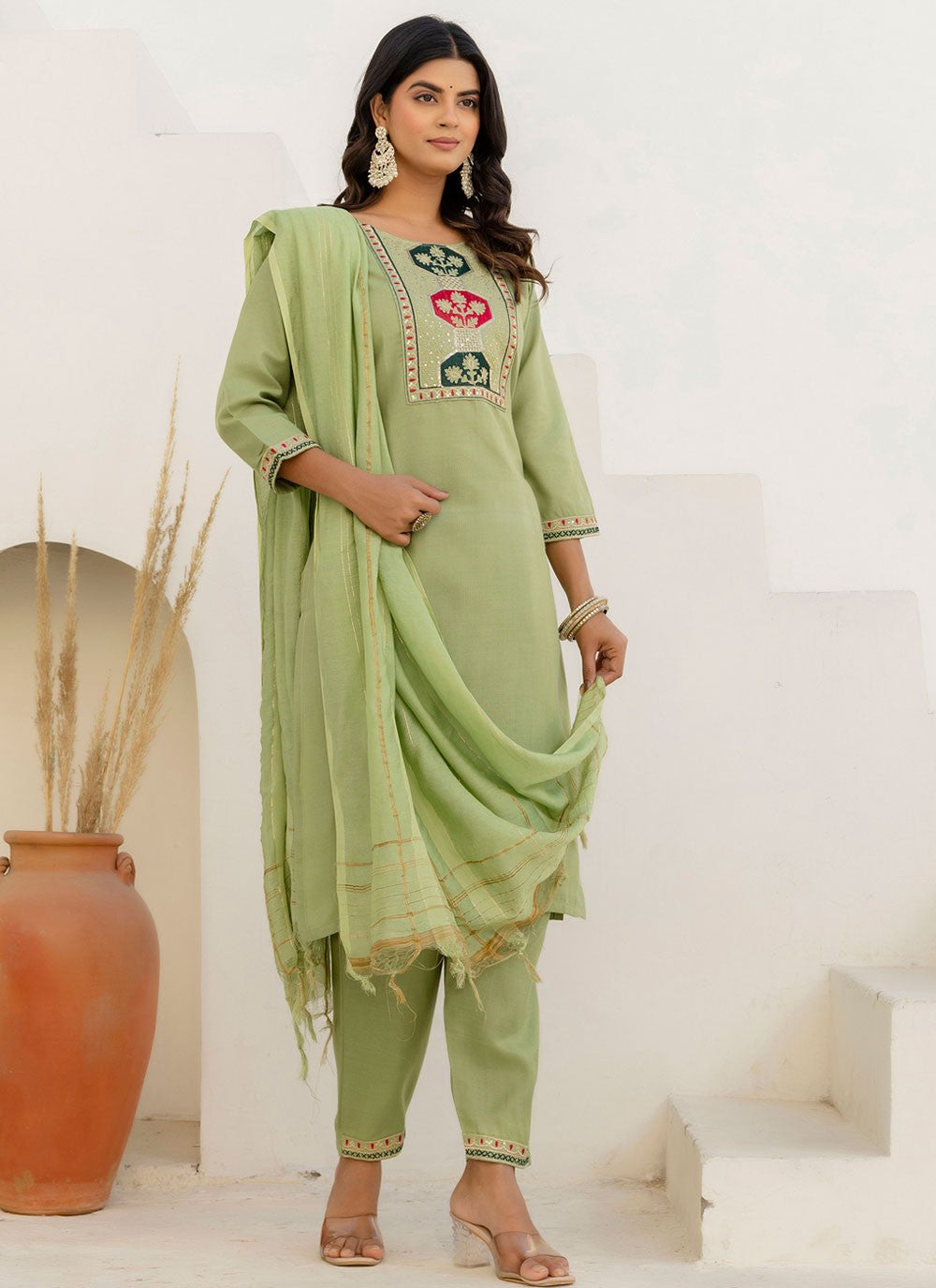 Pant Style Suit Embroidered Green T7692