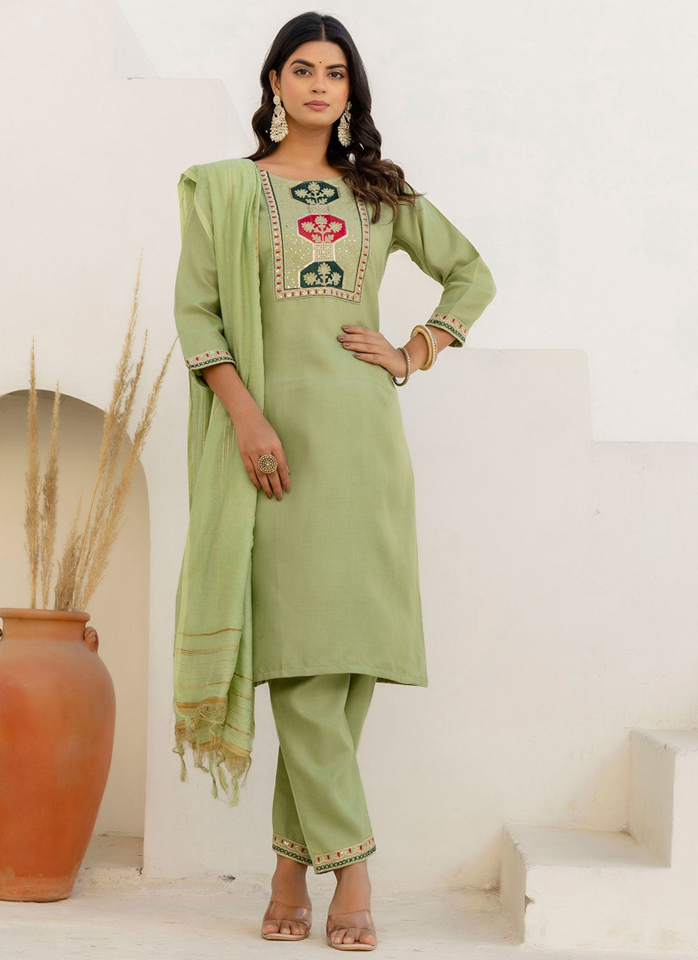 Pant Style Suit Embroidered Green T7692