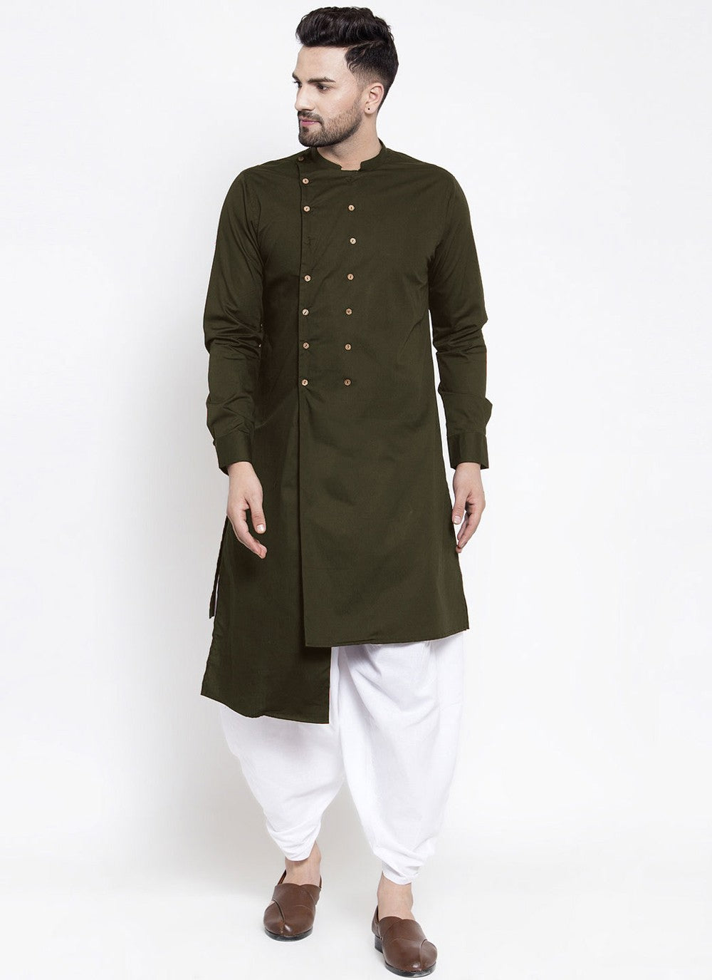 Buttons Blended Cotton Green Kurta - M4550