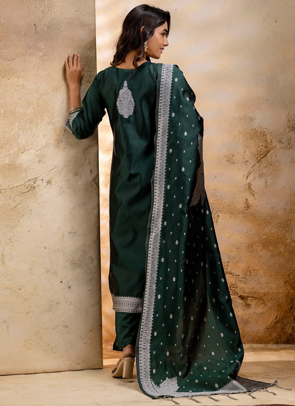 Salwar Suit Jacquard Work, Weaving Zari Green T7355