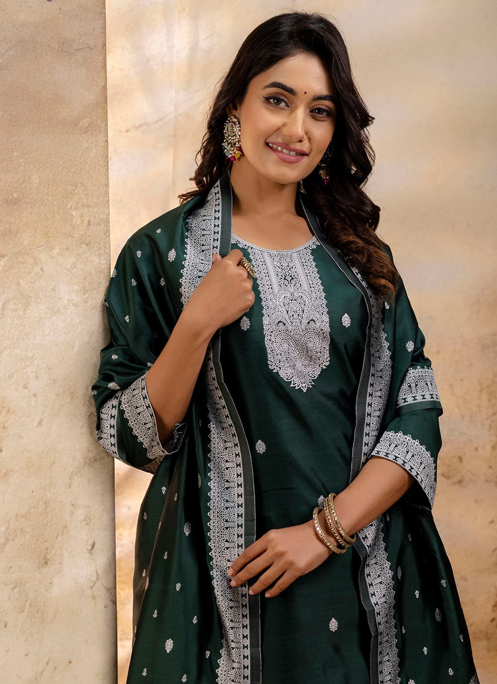 Salwar Suit Jacquard Work, Weaving Zari Green T7355
