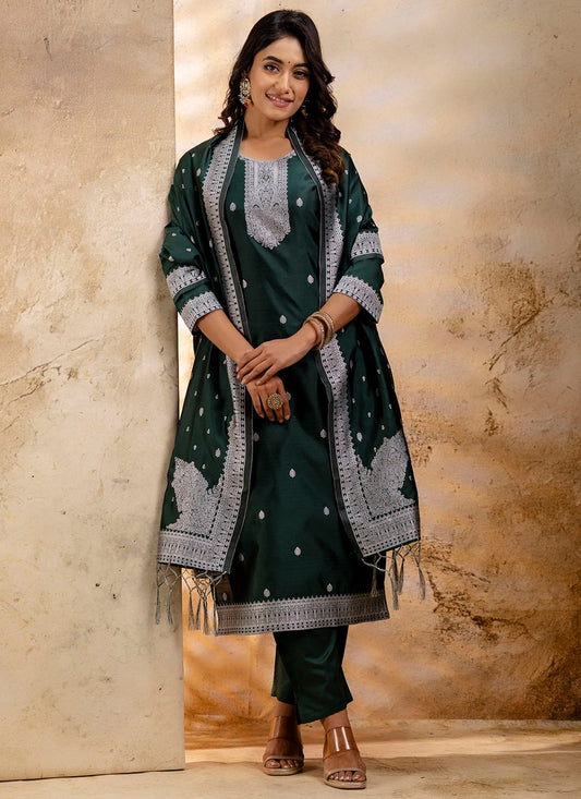 Salwar Suit Jacquard Work, Weaving Zari Green T7355