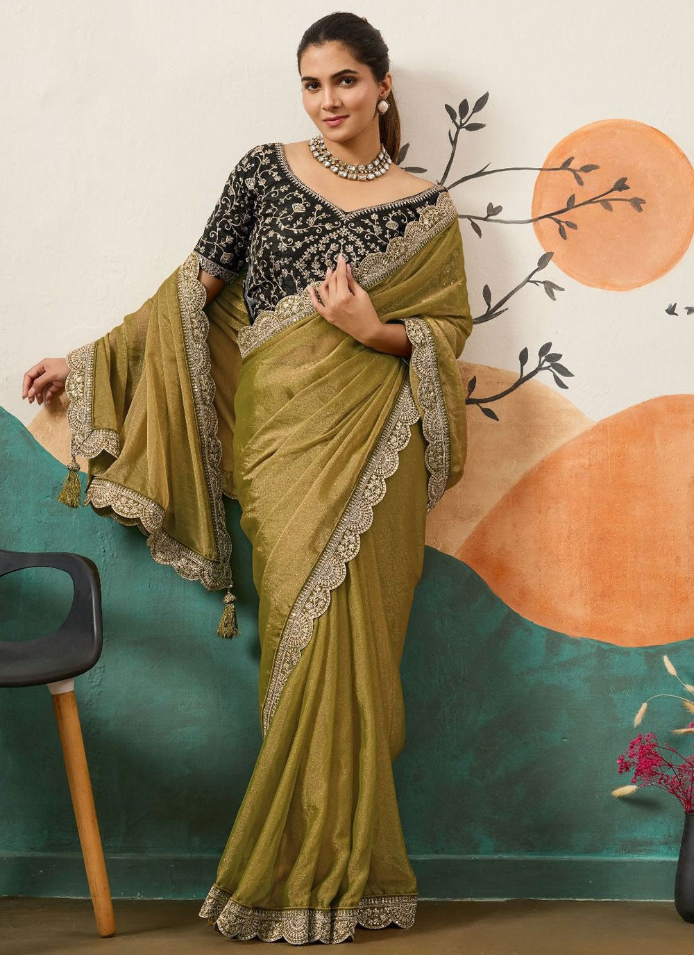 Green Silk Traditional Saree Border Work, Cord, Sequins S20439