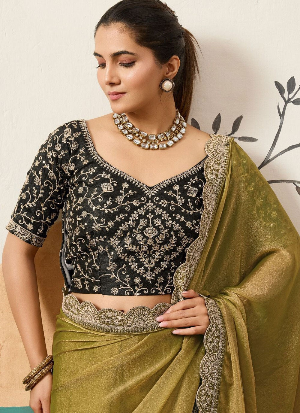 Green Silk Traditional Saree Border Work, Cord, Sequins S20439