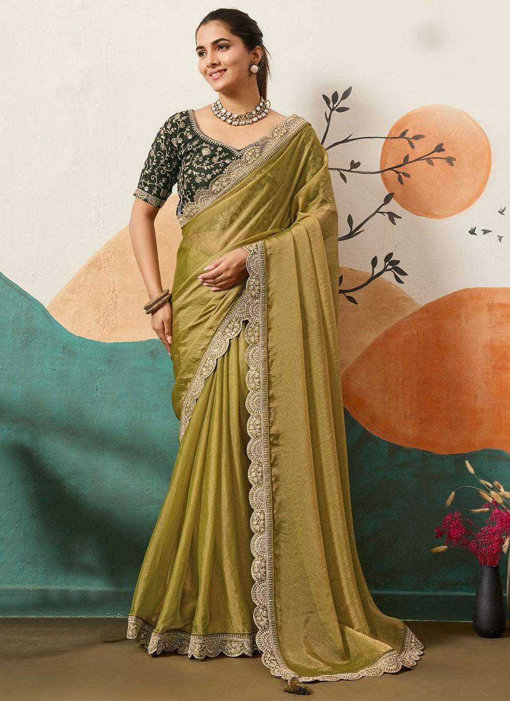 Green Silk Traditional Saree Border Work, Cord, Sequins S20439
