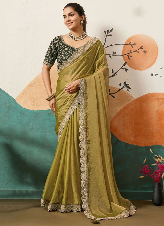 Green Silk Traditional Saree Border Work, Cord, Sequins S20439