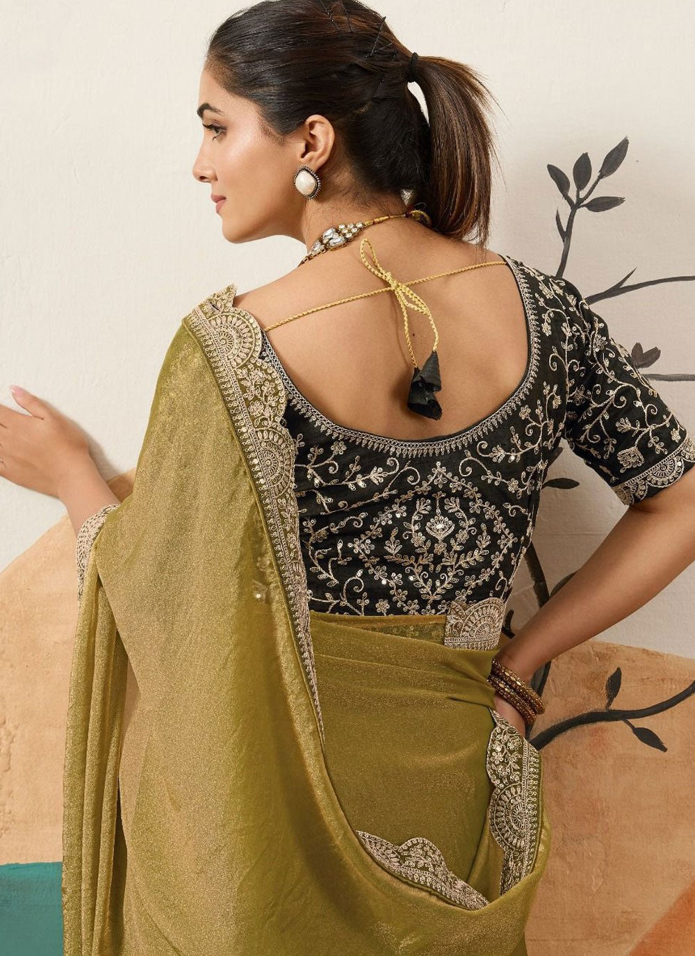 Green Silk Traditional Saree Border Work, Cord, Sequins S20439