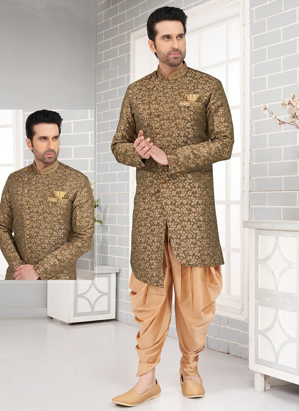 Fancy Work Brocade, Jacquard Silk Green Indo Western - M6471