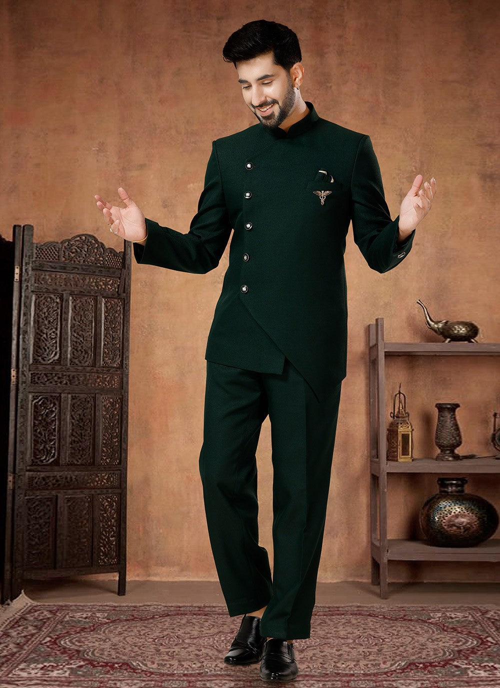 Buttons Rayon Green Jodhpuri Suit - M7074