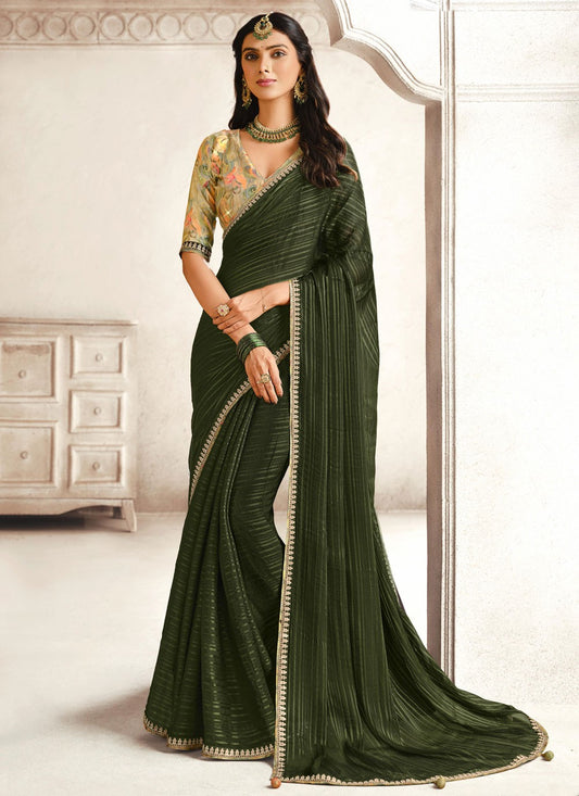 Bollywood Style Border Work Green Silk Saree S13204