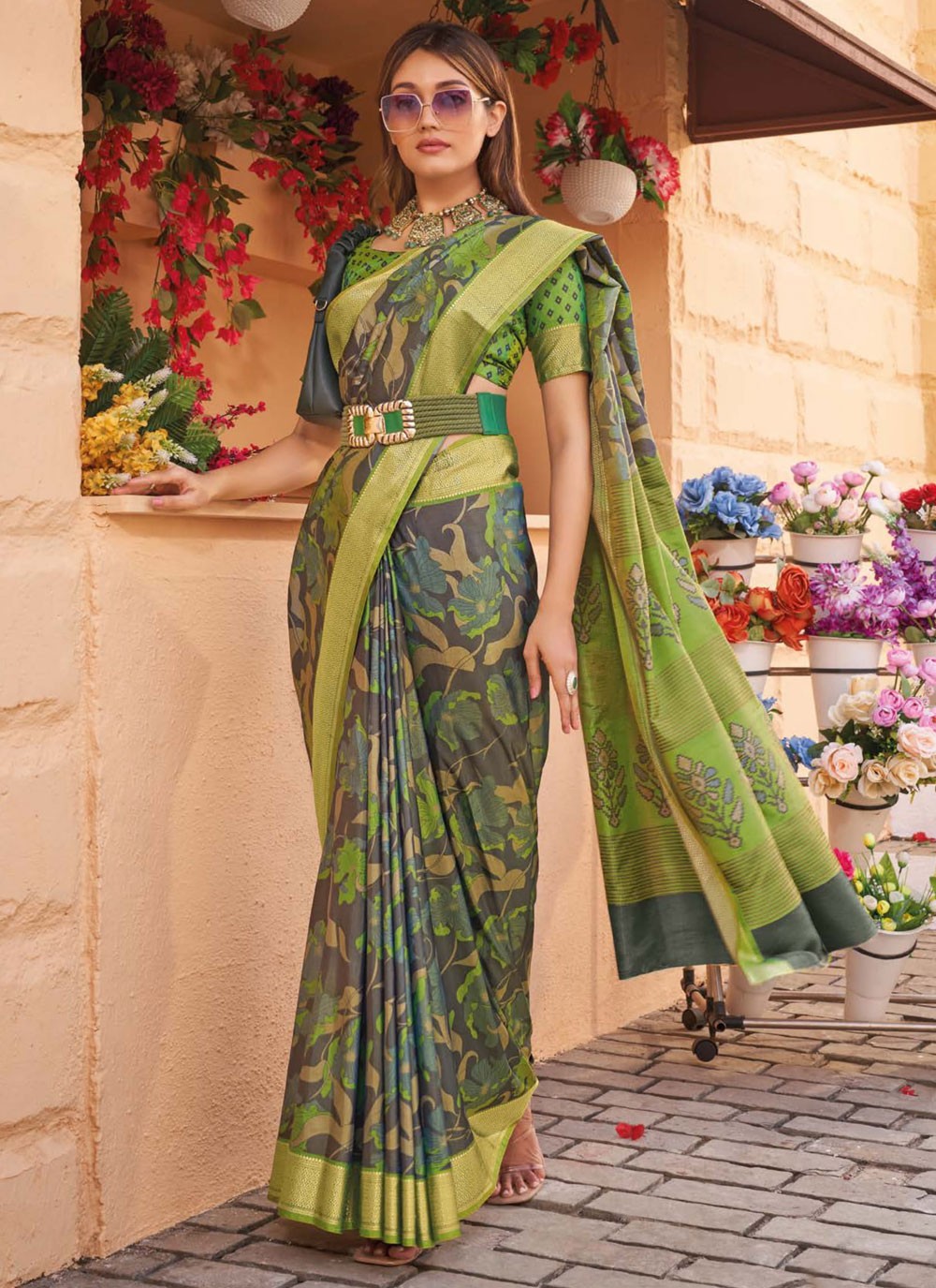 Contemporary Border Work Green Silk Saree S12443