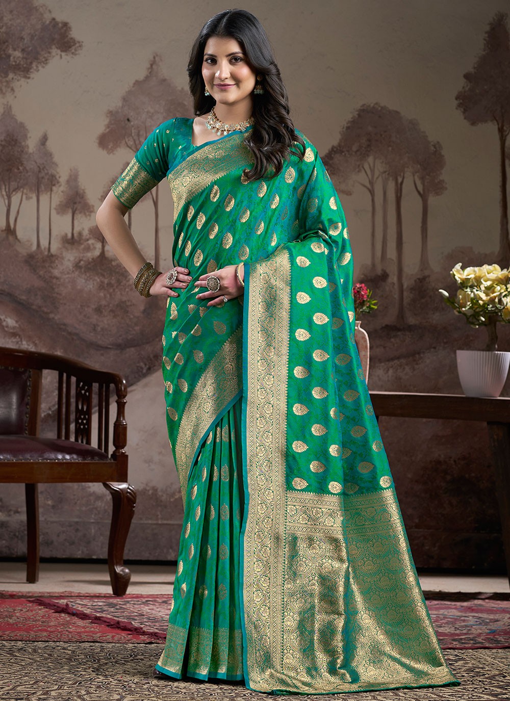 Trendy Saree Jacquard Work Green Jacquard Silk Saree S12591