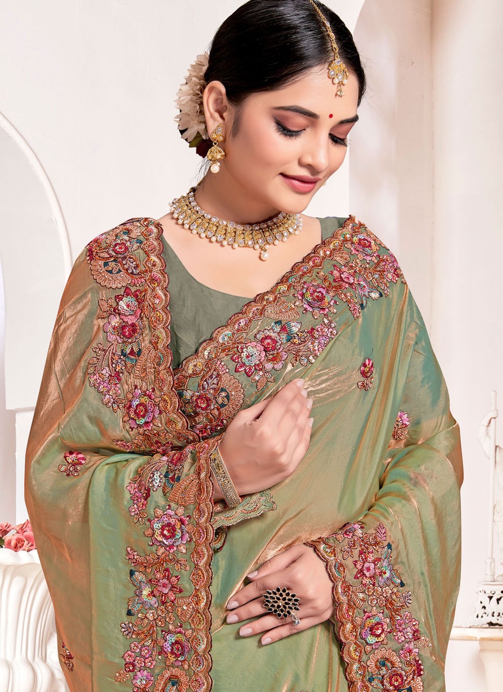 Classic Saree Beads Green Silk Saree S13074