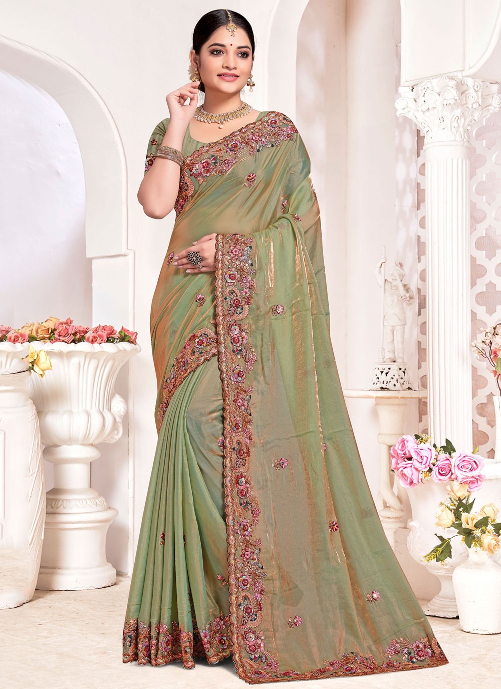 Classic Saree Beads Green Silk Saree S13074