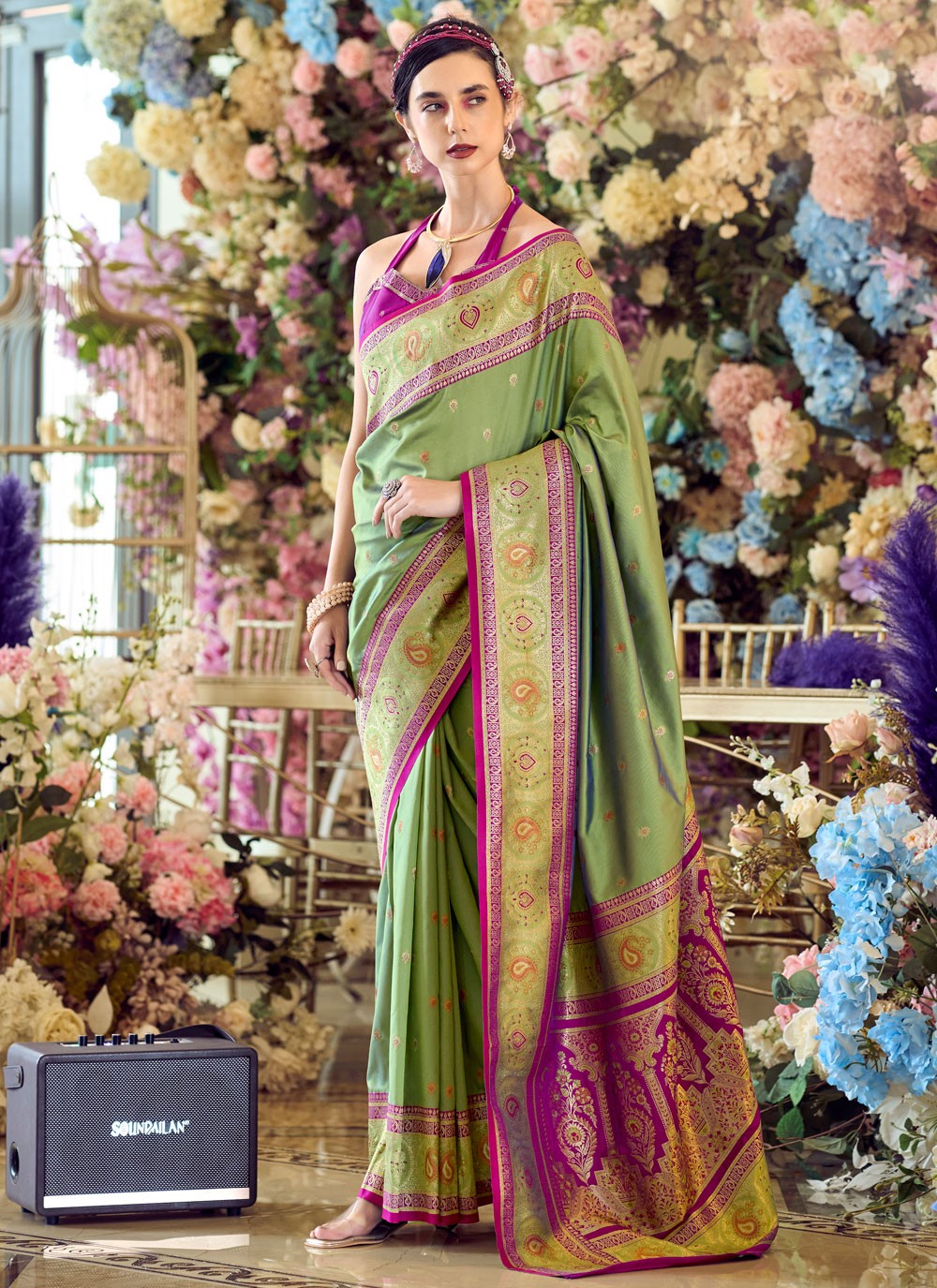 Classic Saree Weaving Zari Green Banarasi Silk Saree S13539
