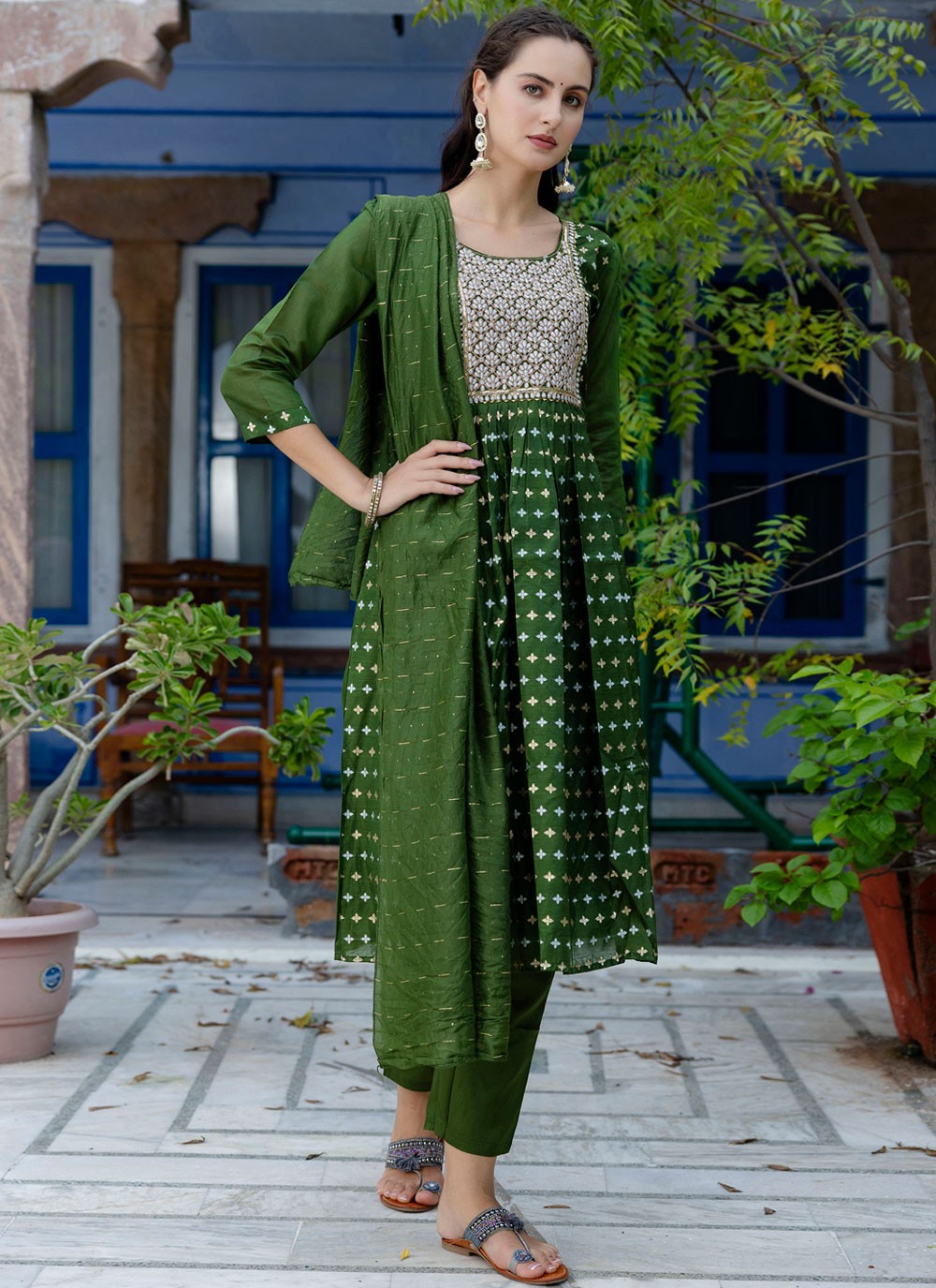 Pant Style Suit Embroidered, Jacquard Work Green T7115