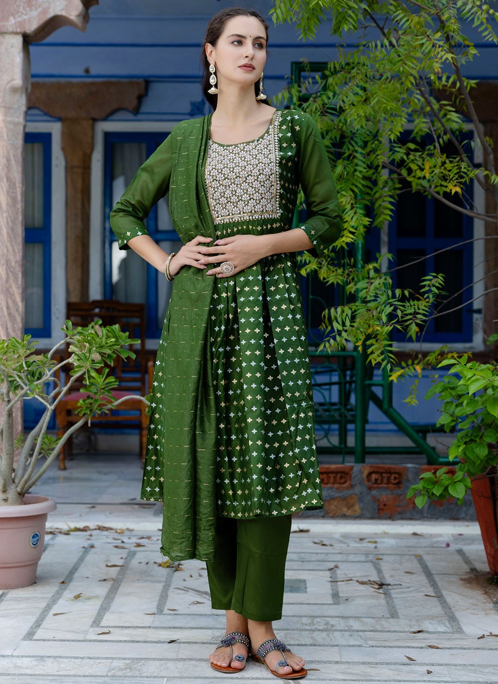Pant Style Suit Embroidered, Jacquard Work Green T7115