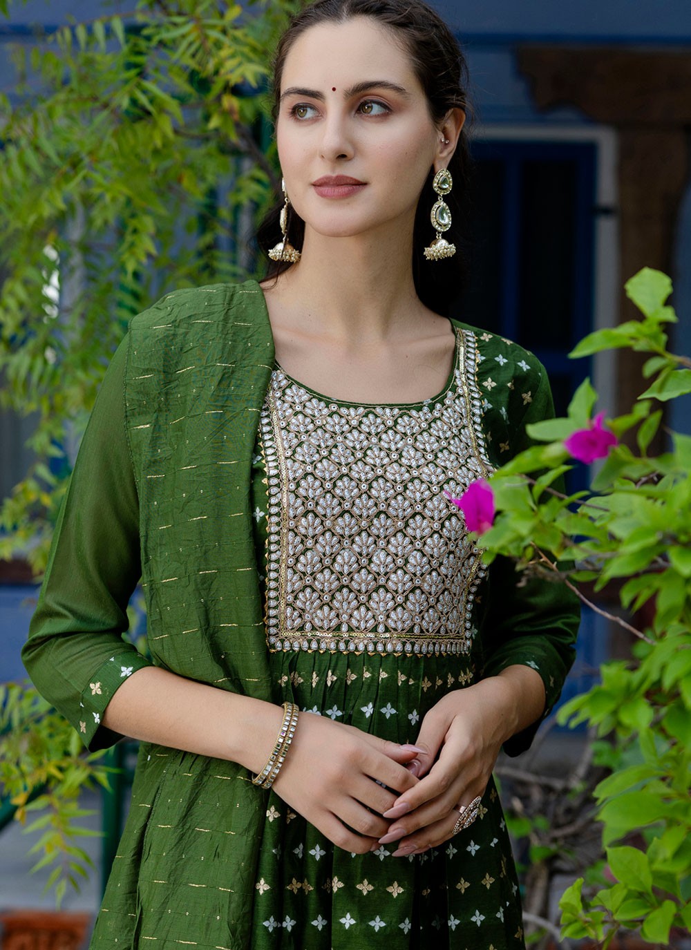 Pant Style Suit Embroidered, Jacquard Work Green T7115