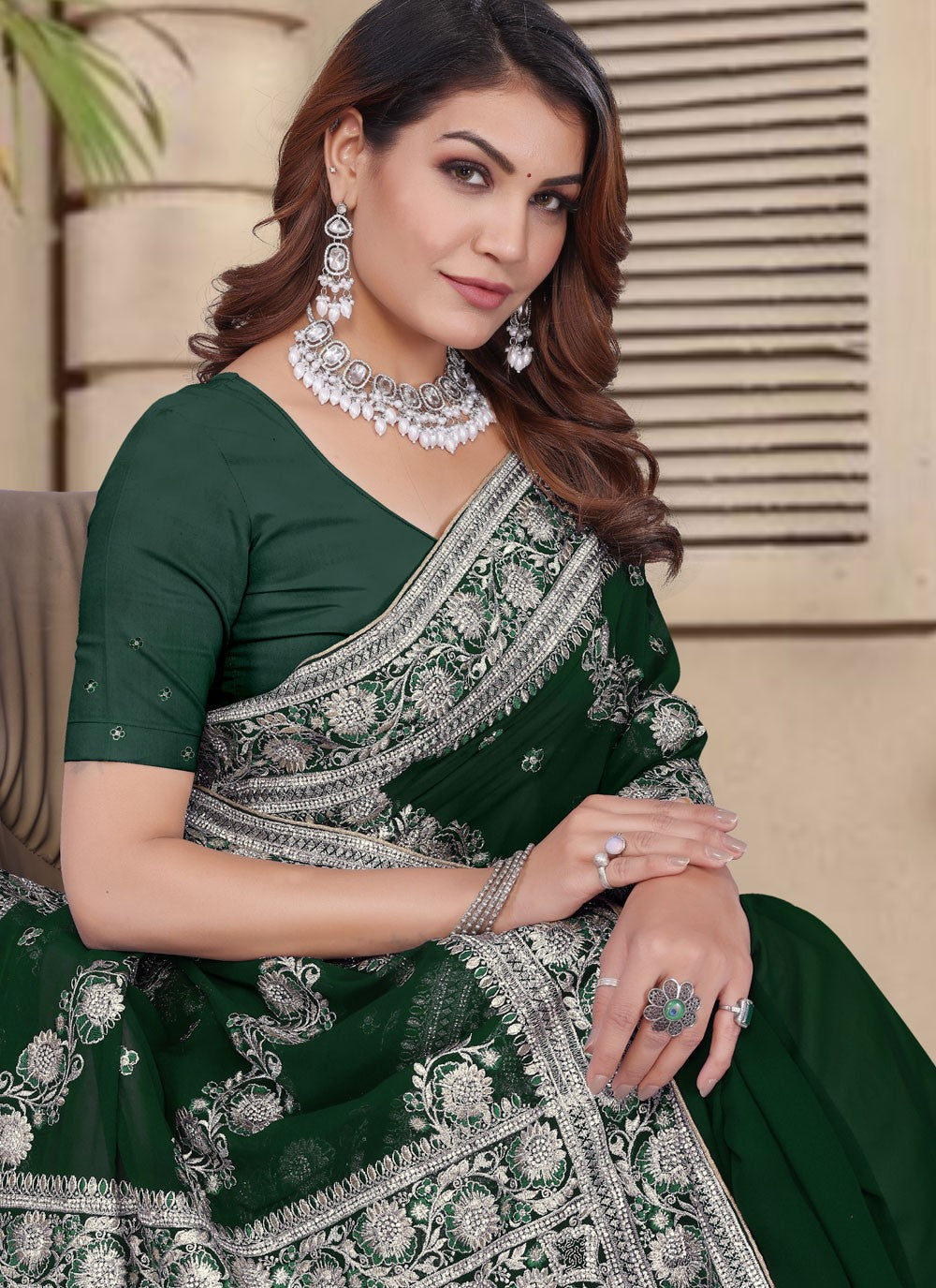Embroidered Georgette Green Classic Saree S14962