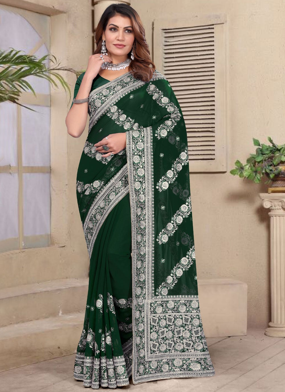 Embroidered Georgette Green Classic Saree S14962