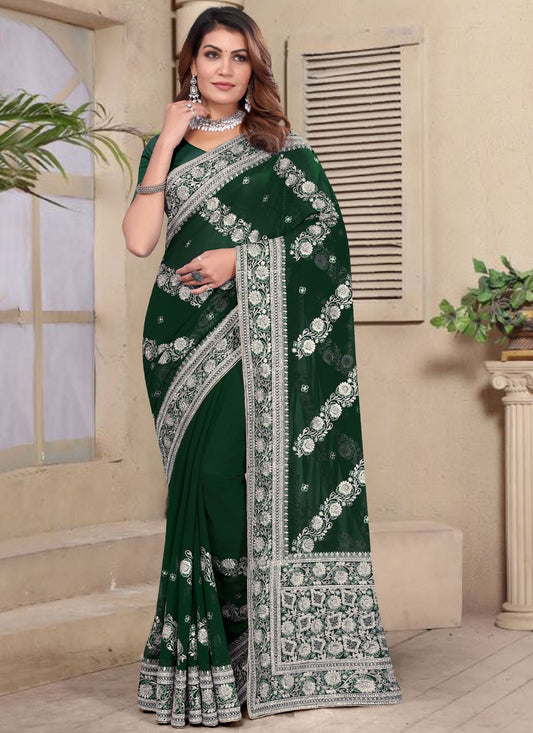 Embroidered Georgette Green Classic Saree S14962
