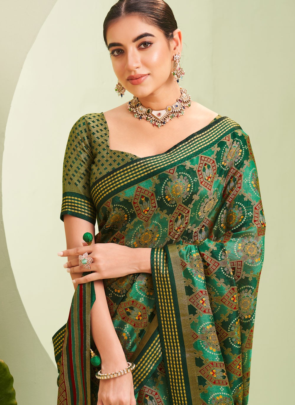 Designer Paisley Printed Green Georgette S12792