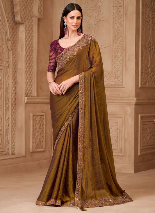 Green Georgette Satin Traditional Saree Border Work, Embroidered S19779