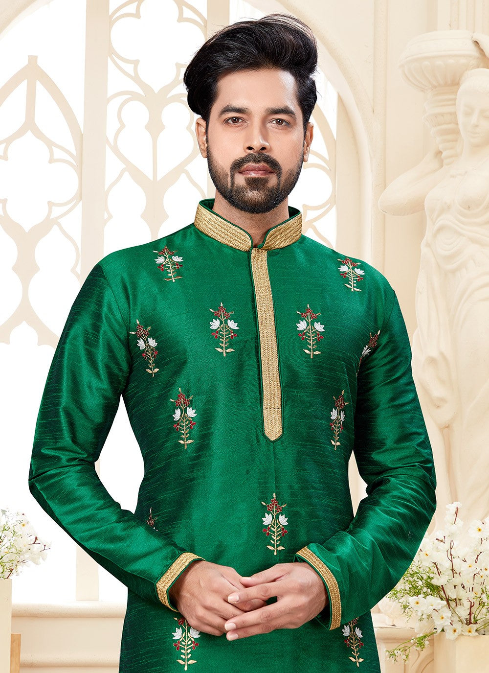 Embroidered Dupion Silk Green Kurta - M5583