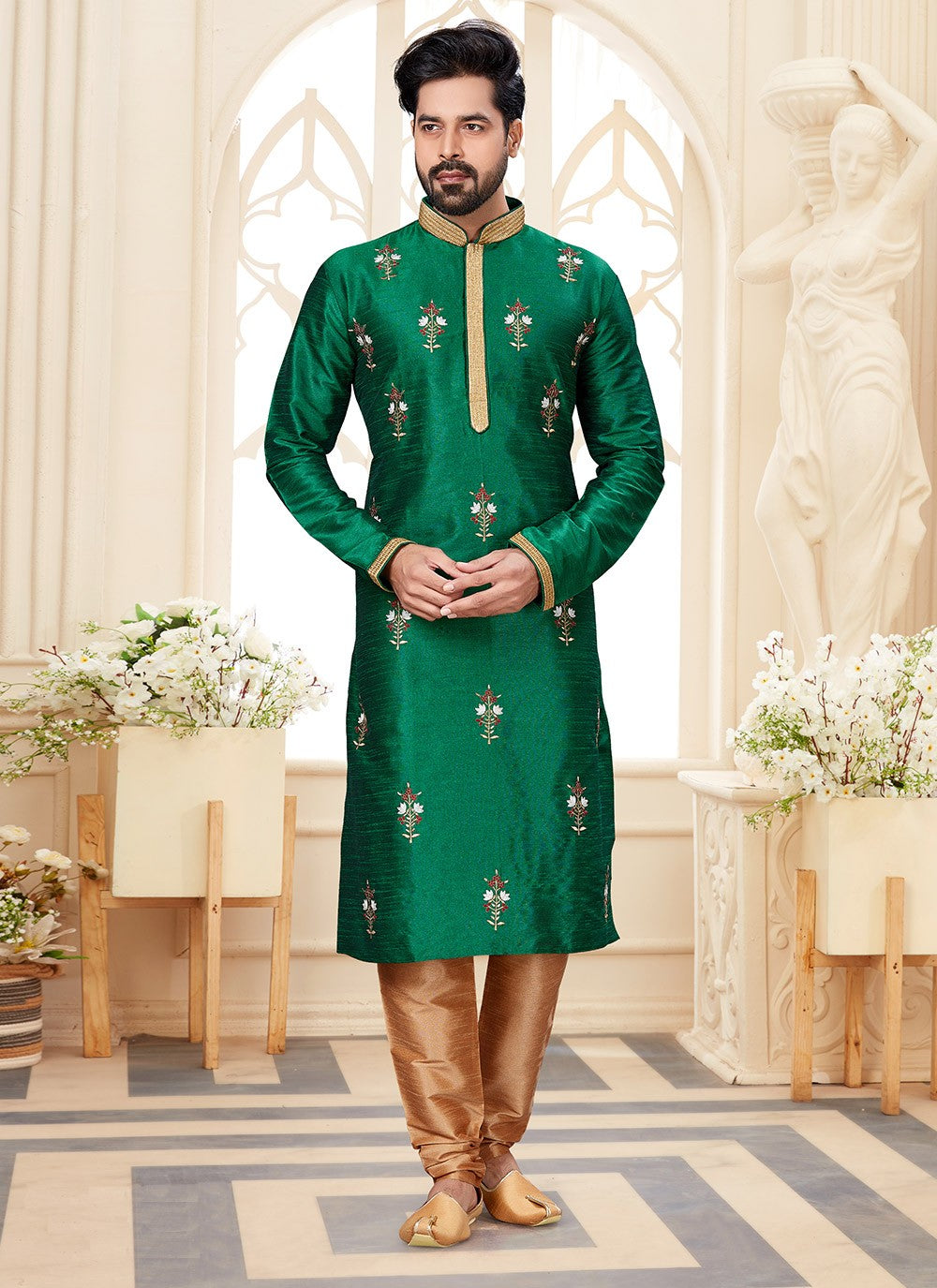 Embroidered Dupion Silk Green Kurta - M5583