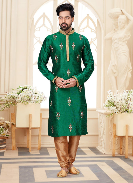 Embroidered Dupion Silk Green Kurta - M5583