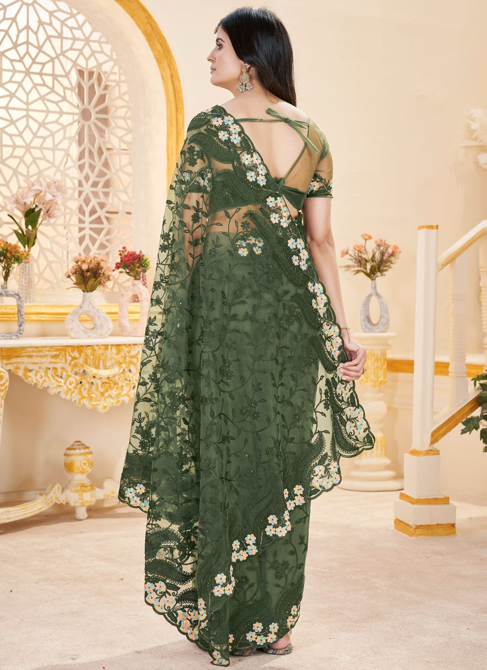 Green Net Classic Saree Embroidered, Stones S15702