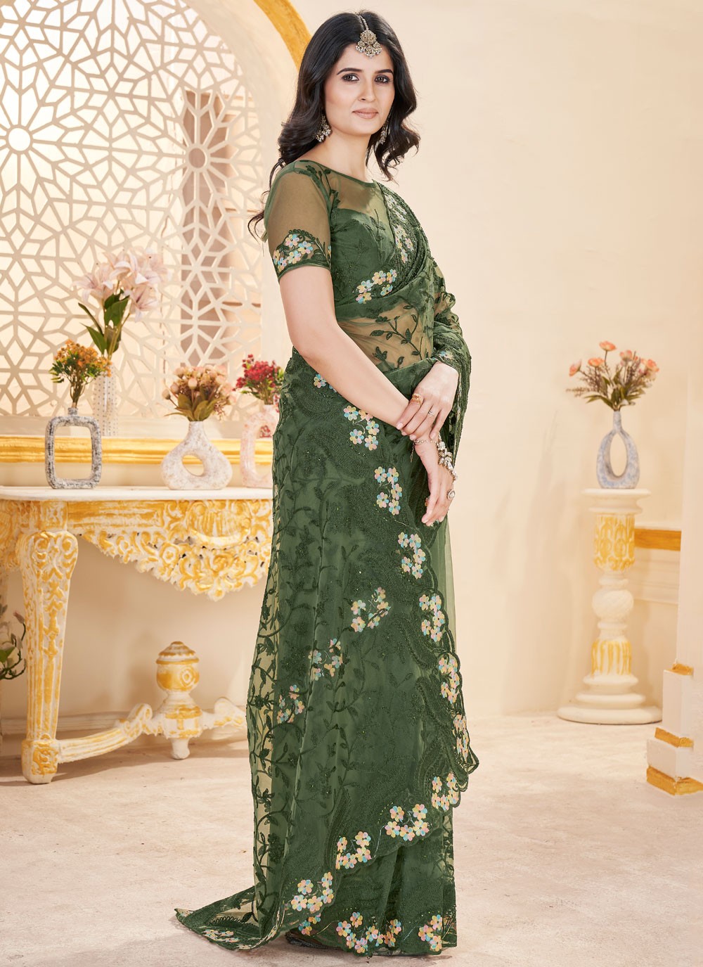 Green Net Classic Saree Embroidered, Stones S15702