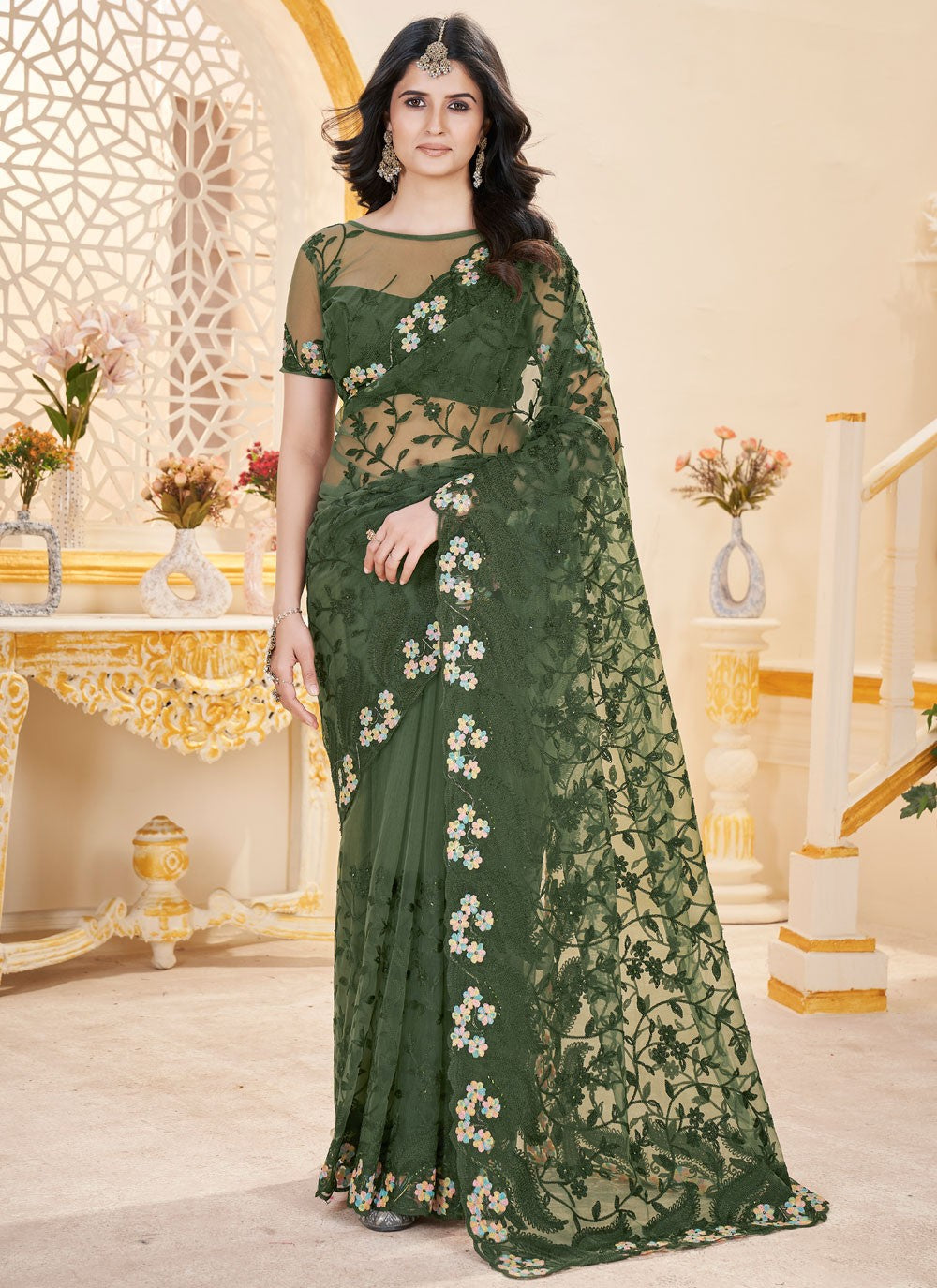 Green Net Classic Saree Embroidered, Stones S15702