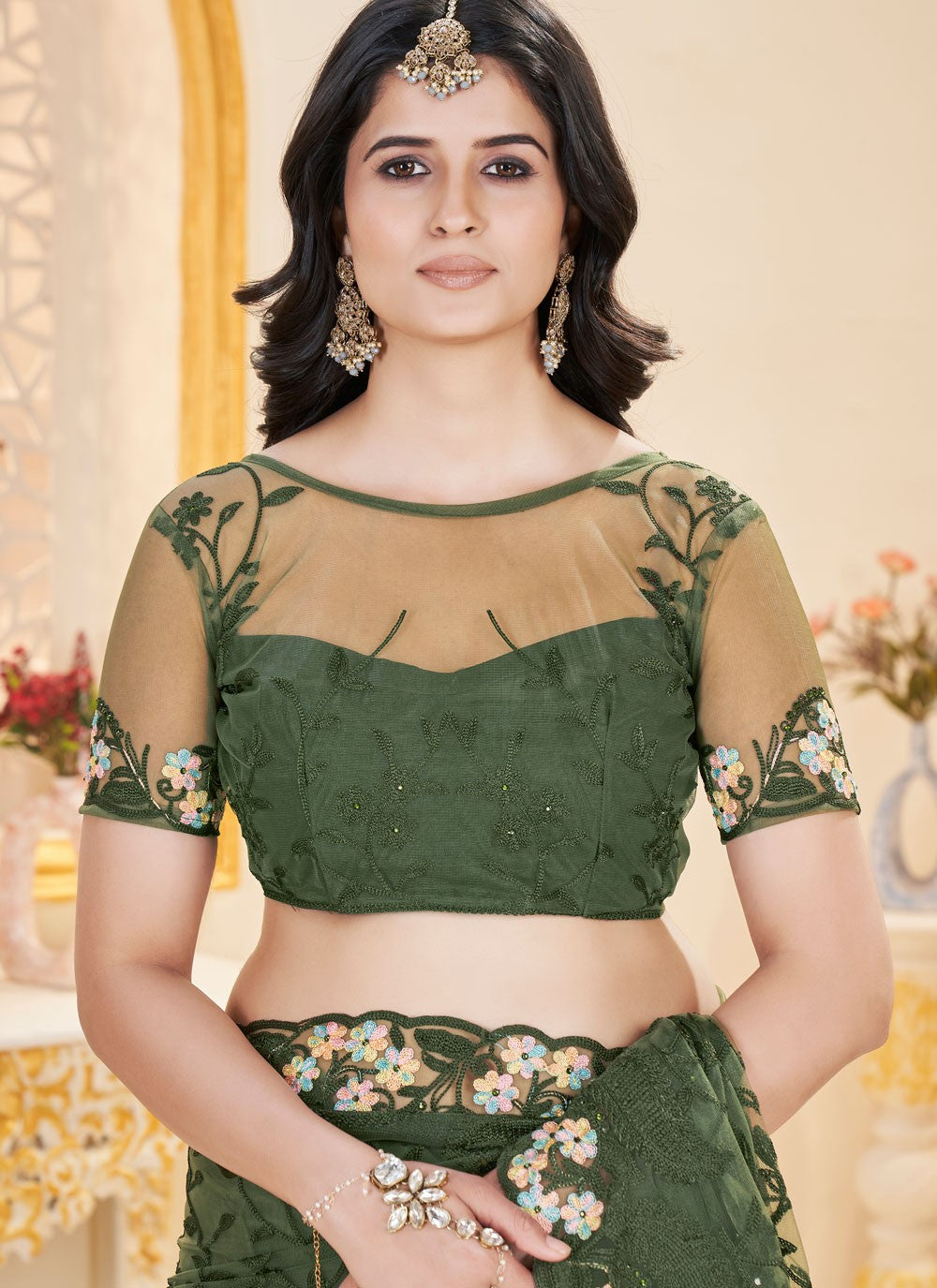 Green Net Classic Saree Embroidered, Stones S15702