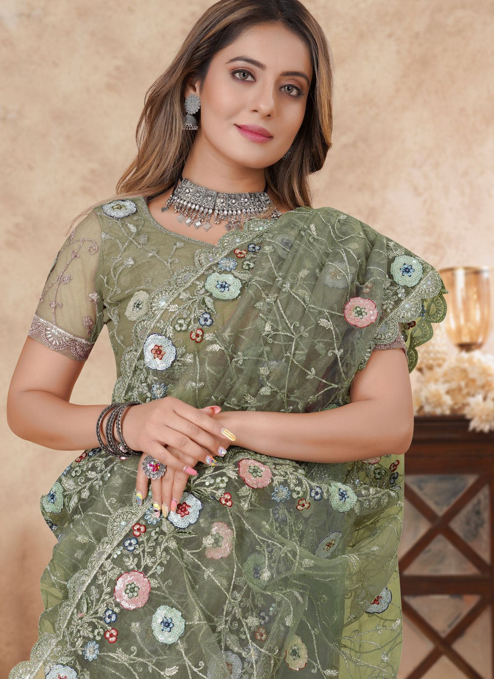 Green Net Trendy Saree Cut Work, Embroidered, Multi Work, Resham, Sequins S16193