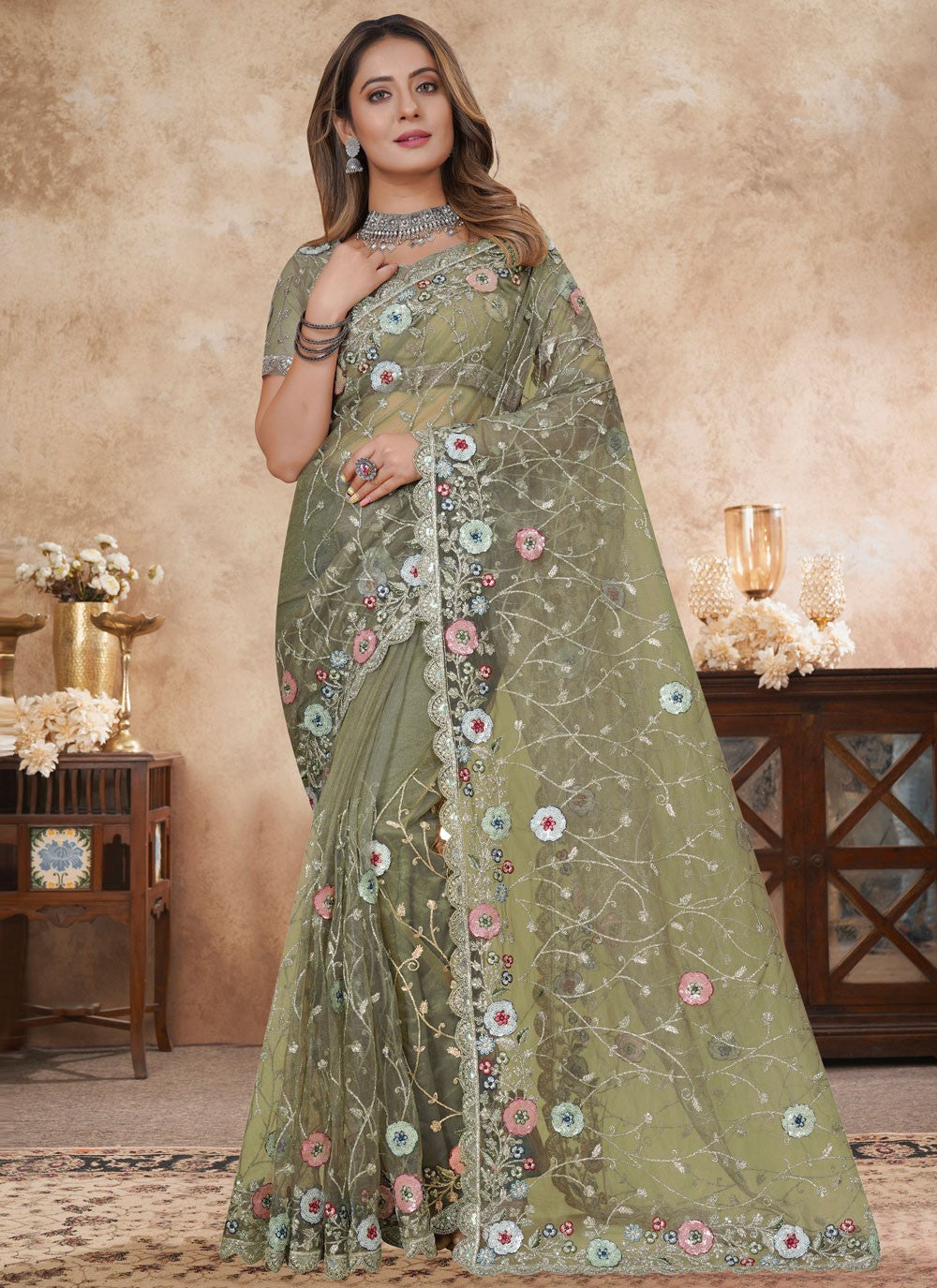 Green Net Trendy Saree Cut Work, Embroidered, Multi Work, Resham, Sequins S16193