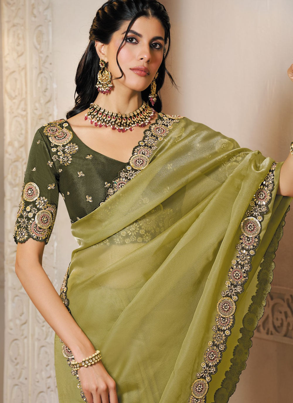 Green Organza Classic Saree Embroidered, Sequins S20450