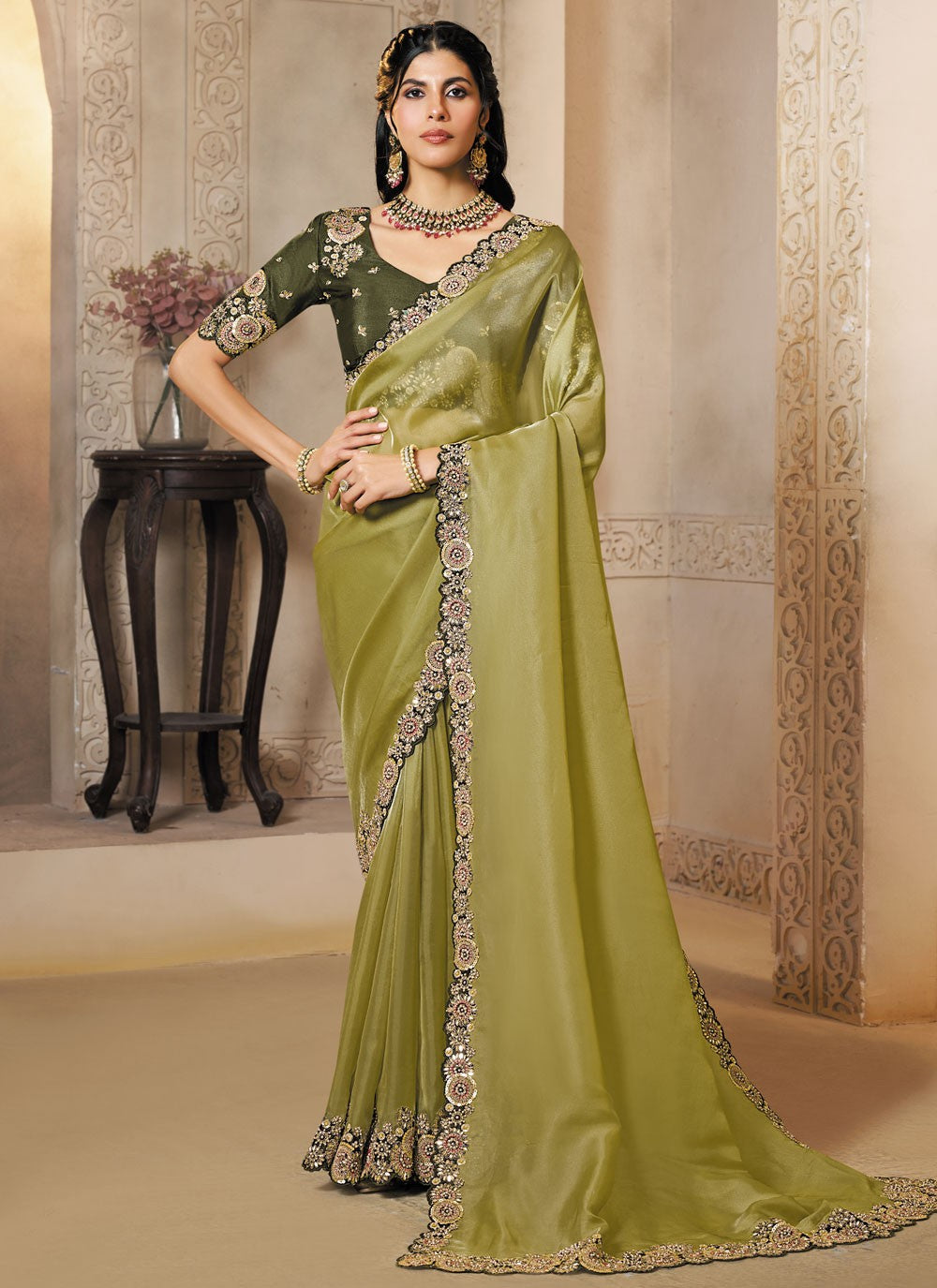 Green Organza Classic Saree Embroidered, Sequins S20450