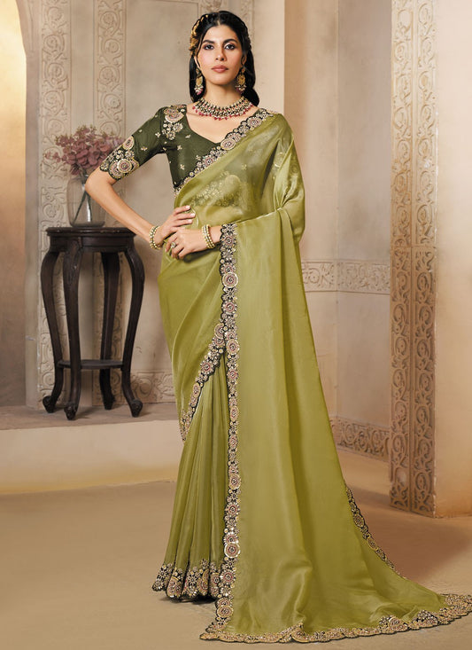 Green Organza Classic Saree Embroidered, Sequins S20450