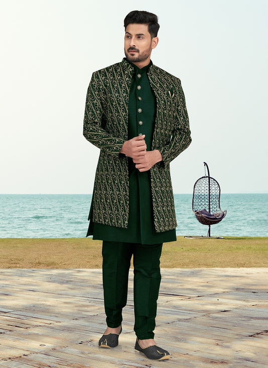 Machine Embroidery Banarasi Silk Green Sherwani - M6772