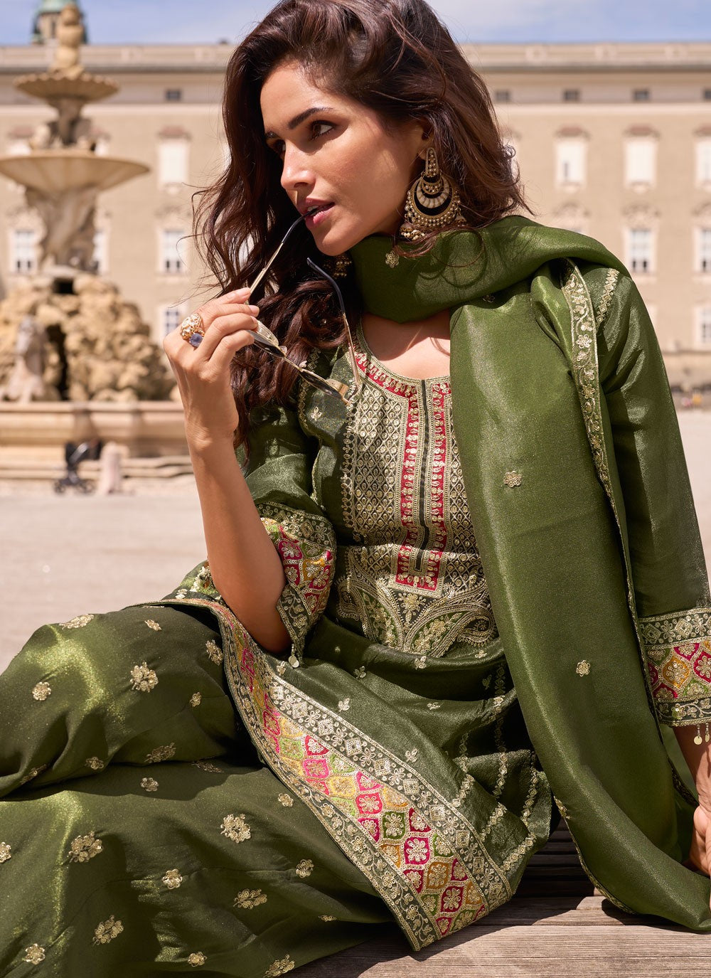 Palazzo Suit Embroidered Green T8902