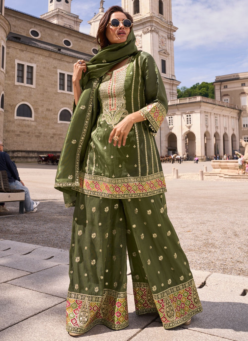 Palazzo Suit Embroidered Green T8902