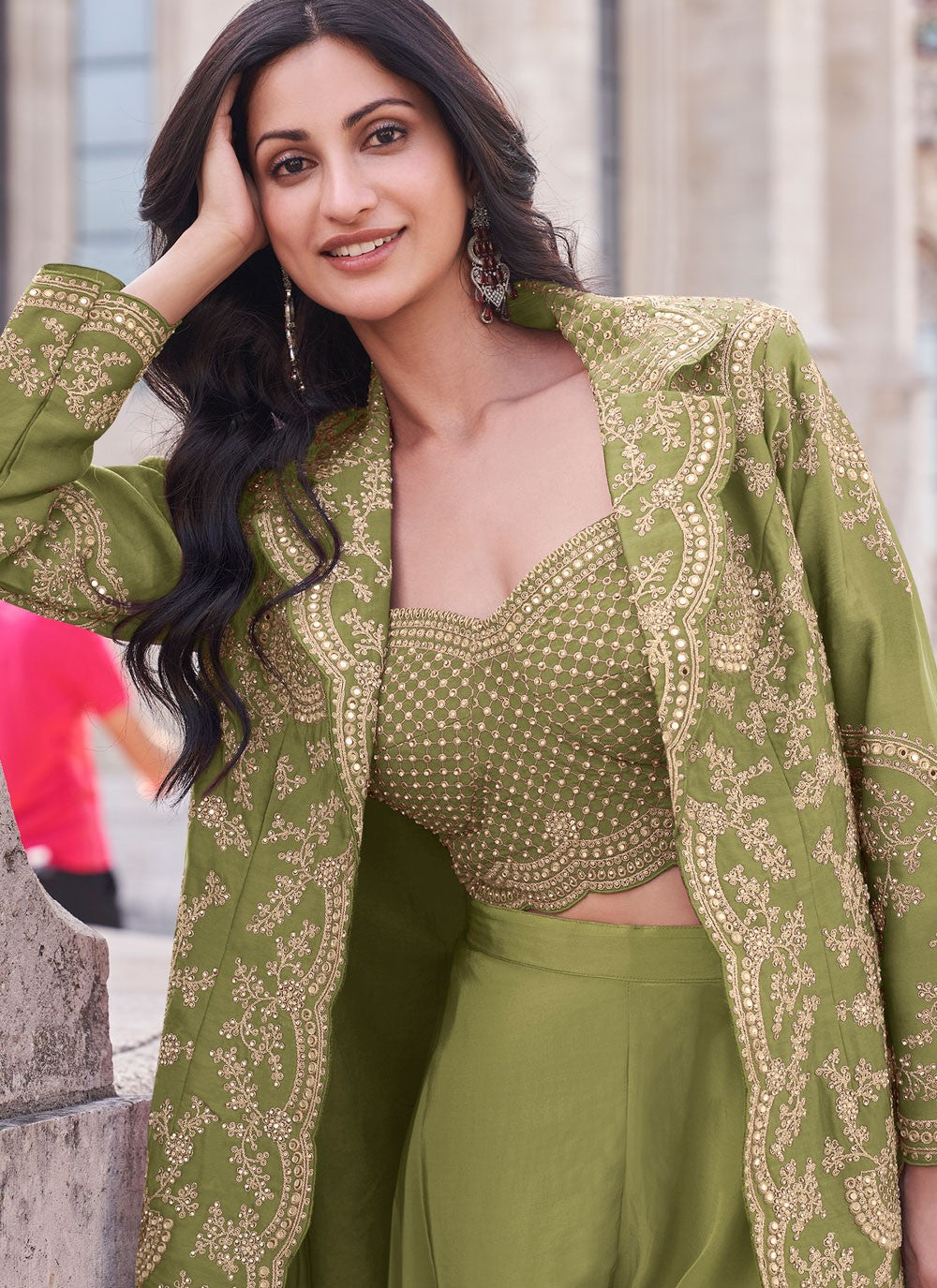 Salwar Suit Embroidered Green Silk T5366