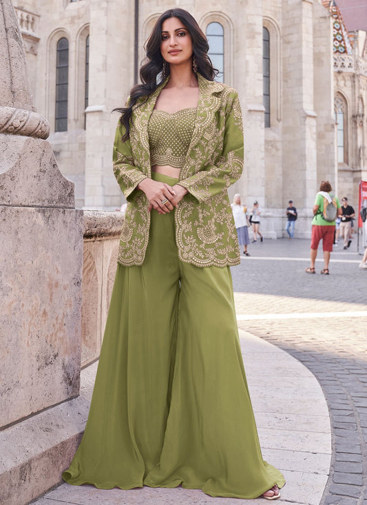 Salwar Suit Embroidered Green Silk T5366