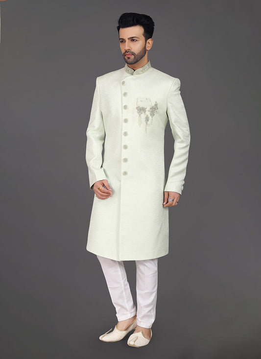 Embroidered Silk Green Sherwani - M8014