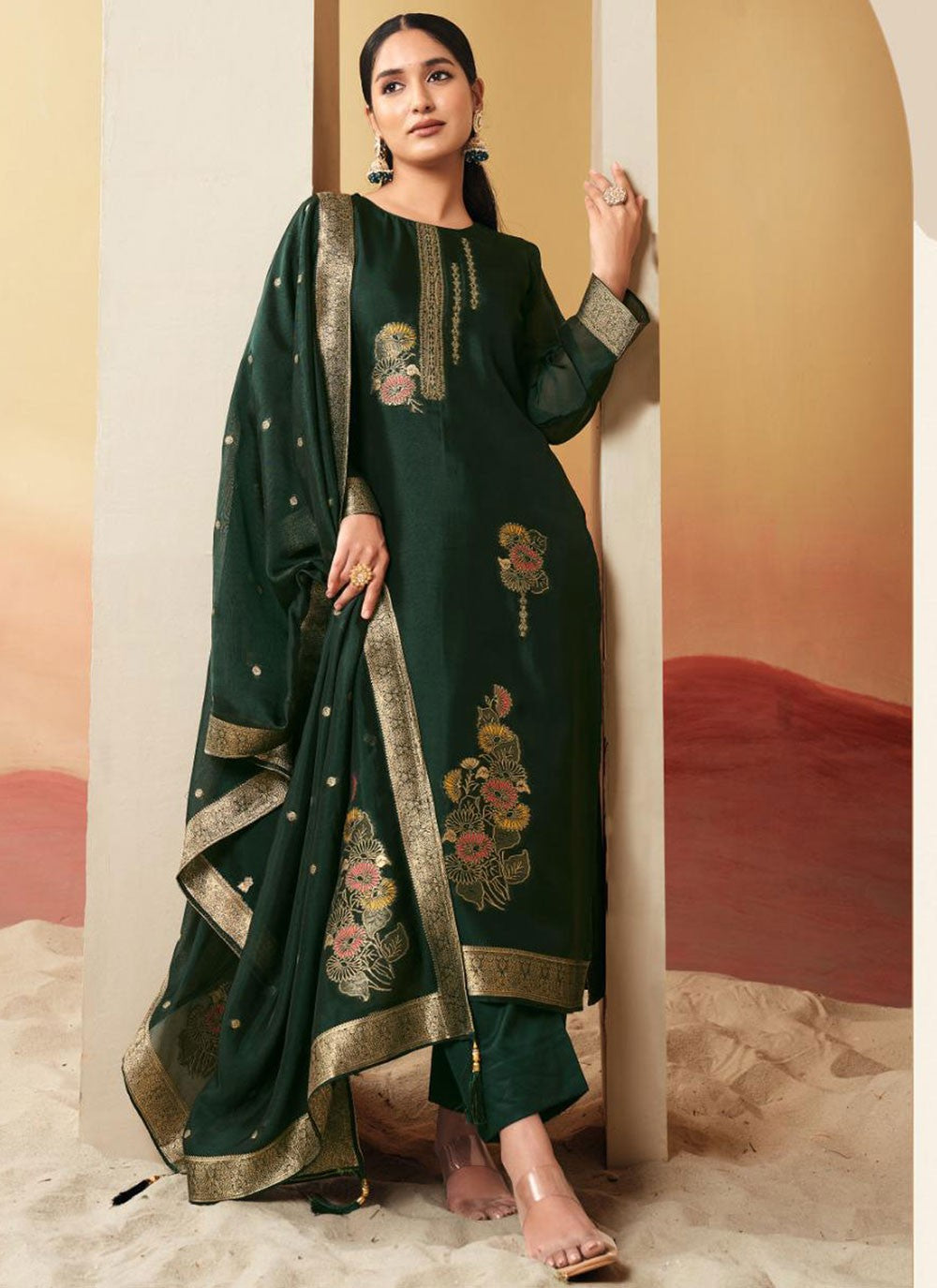 Floral Printed Pure Silk Green Salwar Suit T6618