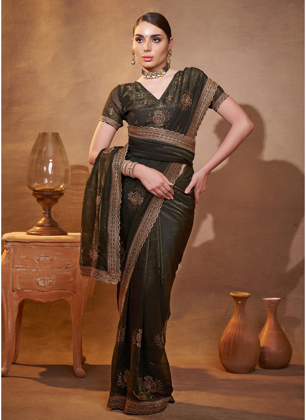 Embroidered Chiffon Green Saree S14477